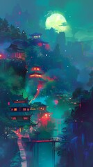 Obraz premium Chinese aurorapunk traditional landscape painting illustration abstract background decorative painting