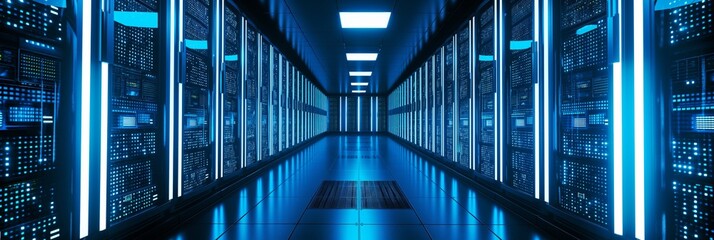 A futuristic corridor of a high-tech data center, featuring rows of server racks, illuminated by cool blue lights, representing modern technology.