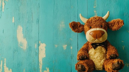 Plush brown bull with horns sitting on a blue wooden background.