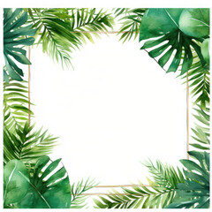 Frame leaves background with empty space. Variety of green tropical leaves, frame effect. The center of the image is blank, a clean whitespace. Tropical aesthetic. Foliage wallpaper.