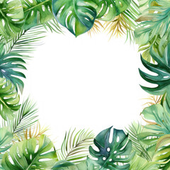 Frame leaves background with empty space. Variety of green tropical leaves, frame effect. The center of the image is blank, a clean whitespace. Tropical aesthetic. Foliage wallpaper.