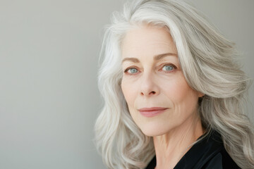Naklejka premium Portrait of a beautiful elderly woman in close-up. A picture of the face of a mature blonde with clean, fresh skin on a light background.