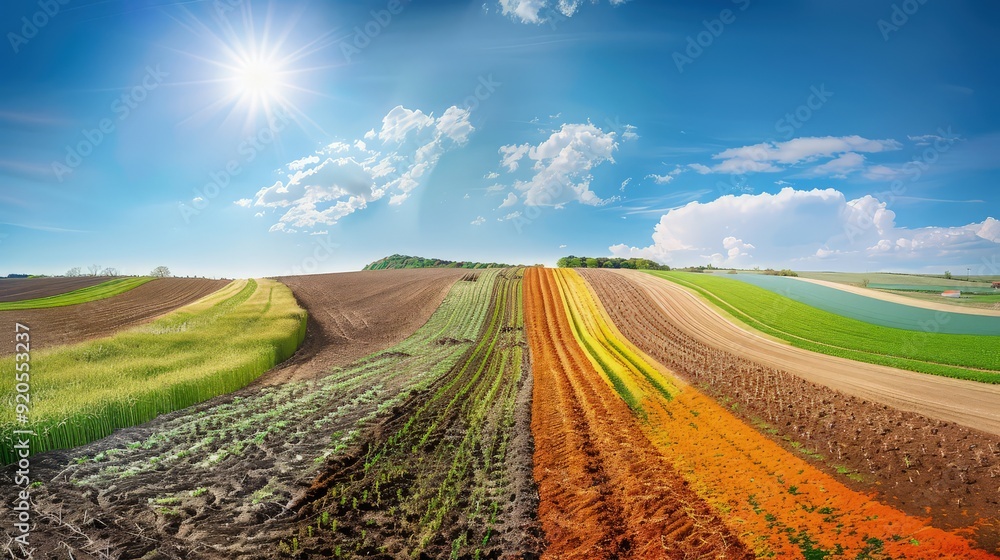 Poster an agricultural landscape with multiple exposures showing different crop stages, from sowing to harv