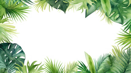 Frame leaves background with empty space. Variety of green tropical leaves, frame effect. The center of the image is blank, a clean whitespace. Tropical aesthetic. Foliage wallpaper.