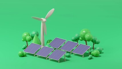 3d render of solar panels and wind turbine. eco concept, Looping animation
