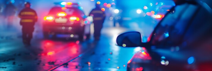Emergency response at night with police and fire vehicles attending to an incident under bright blue and red flashing lights, blurring the background.
