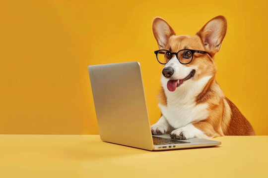 A happy corgi dog with glasses is working on a laptop at a desk on a yellow background.