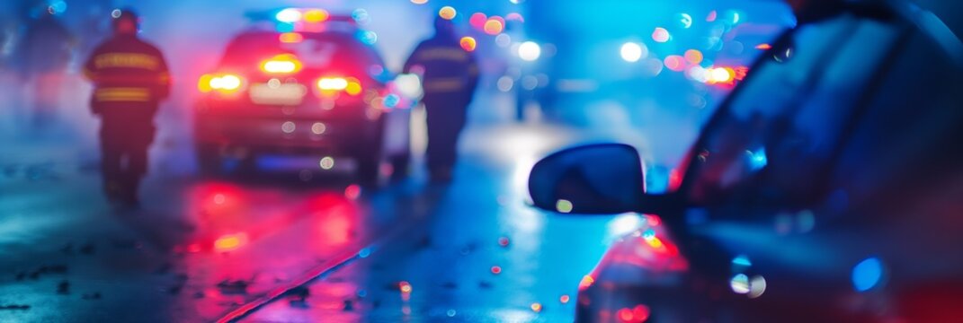 Emergency response at night with police and fire vehicles attending to an incident under bright blue and red flashing lights, blurring the background.
