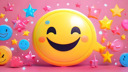 Smiley face surrounded by positive symbols, thumbs-up gestures, stars, and happy emoticons Feedback rating and customer satisfaction, positive experiences and reviews.