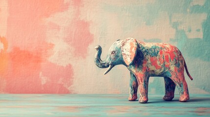 Obraz premium A colorful wooden elephant figurine stands on a blue wooden table with a blurred peach and turquoise background.