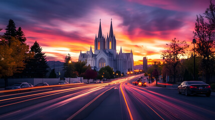 Fototapeta premium sunset behind a stunning white cathedral