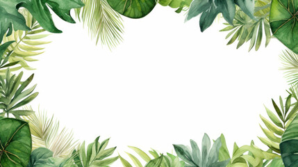 Frame leaves background with empty space. Variety of green tropical leaves, frame effect. The center of the image is blank, a clean whitespace. Tropical aesthetic. Foliage wallpaper.