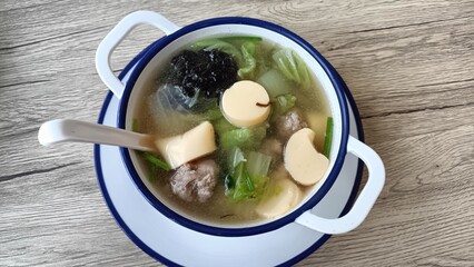 Delicious Thai-style  Clear soup with minced pork and egg tofu