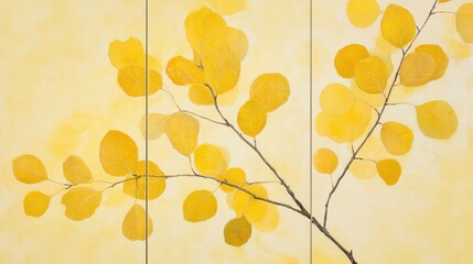 Set of 3 wall art panels with graceful aspen leaves abstract painting on a pale yellow background, close up, split into three on white background 