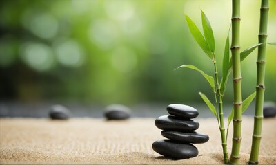 Zen garden with stacked stones and bamboo