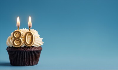 Birthday cupcake with lit candles, number 80