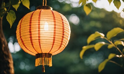 Obraz premium Paper lantern hanging from a tree branch