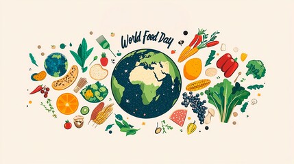 Celebrating World Food Day with a colorful array of fruits, vegetables, and grains surrounding a globe