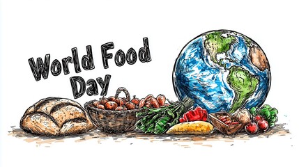 World Food Day celebration with globe and diverse crops depicted in a vibrant illustration