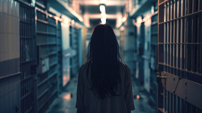 A woman serving a sentence walks along a prison corridor, back view.