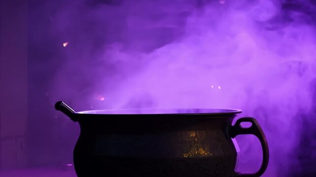 A cauldron with glowing steam over a potion on a dark violet hazy background. Zoom in witch's cauldron. halloween concept