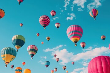 Obraz premium Multiple hot air balloons float gracefully in a clear blue sky, creating a stunning and colorful spectacle against a backdrop of clouds, capturing the joy of flight and adventure.