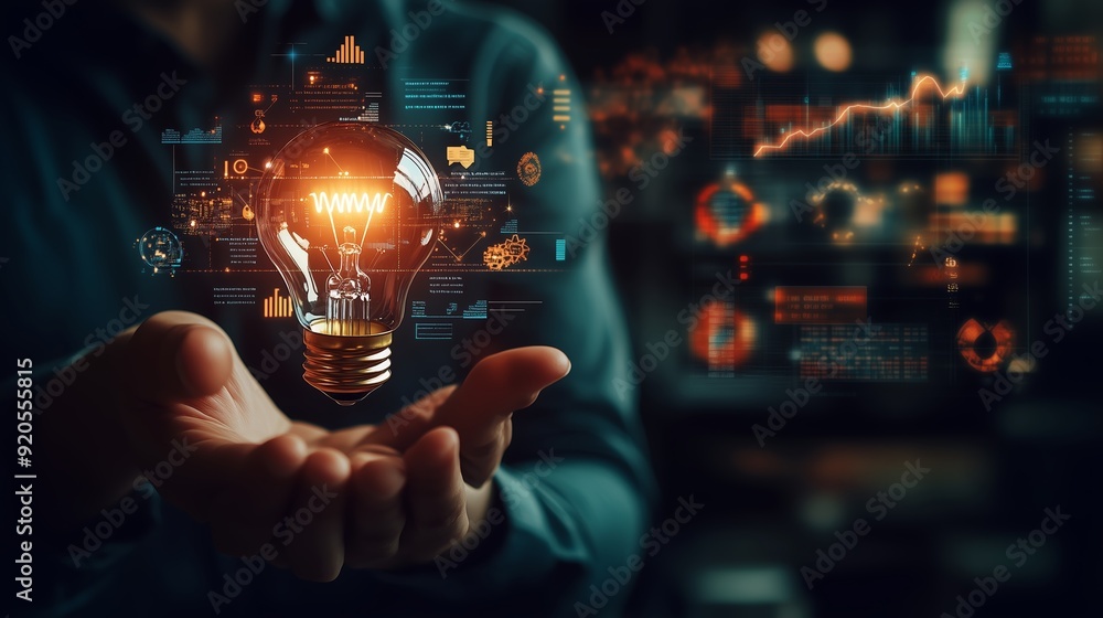 Aufkleber innovative concepts illustrated with a glowing light bulb and data visualizations in a modern worksp