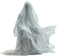 Naklejka premium Ethereal figure draped in flowing white fabric, conveying a sense of mystery and spectral beauty. Perfect for creative projects. cut out, PNG, isolated on transparent background.
