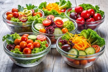 Vibrant colorful salad bowls filled with mixed greens, cherry tomatoes, cucumbers, and carrots, arranged artfully on a transparent background, perfect for healthy eating promotions.