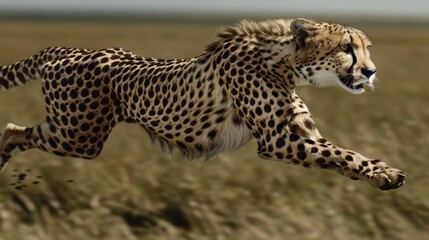 Naklejka premium A sleek cheetah in mid-sprint across the savannah, its powerful muscles and intense gaze highlighting its incredible speed and agility.