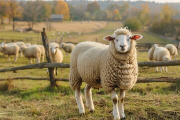 Fototapeta premium A sheep stands prominently in the foreground of a tranquil farm setting, surrounded by a rustic wooden fence and a cozy farmhouse in the background.