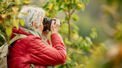 A person photographing nature with a camera, surrounded by greenery.