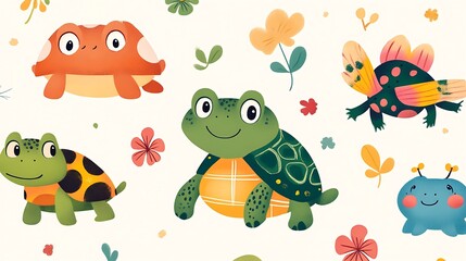 Naklejka premium Adorable cartoon turtles and a cute bug in a whimsical floral pattern.
