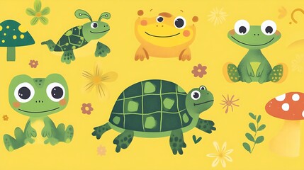 Cute cartoon illustration of frogs, turtles and mushrooms.