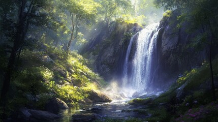 Deep in the heart of the forest, a waterfall cascades down a rocky cliff, its waters sparkling in the sunlight.