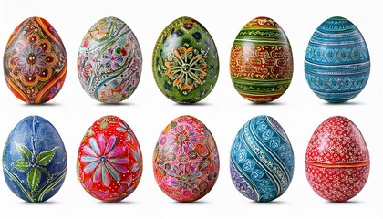 Collection of colourful hand painted decorated easter eggs on white background cutout file
