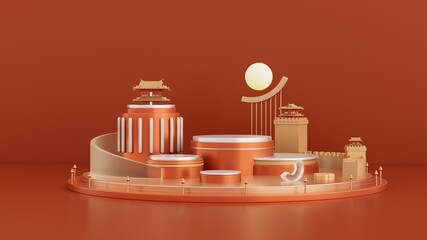 3D Chinese traditional high-class color festive festive ancient building booth background