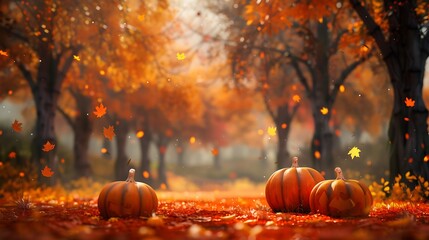 A halloween nature with pumpkins and autumn trees