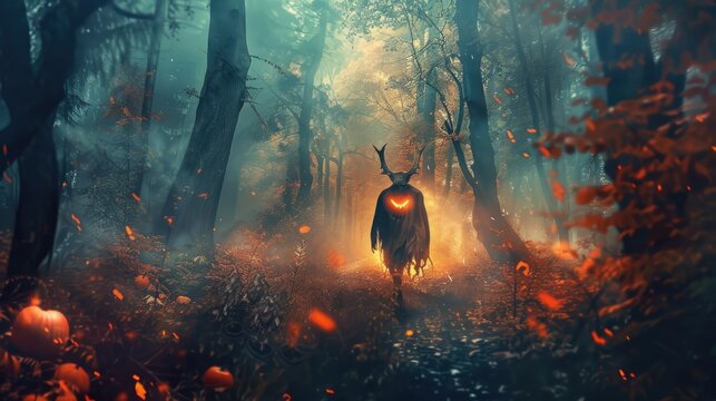 pumpkin demon devil in forest