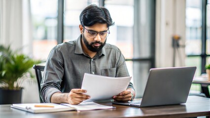 An Indian man reviewing exam papers and notes, seated in a study space with a desk full of academic materials.
