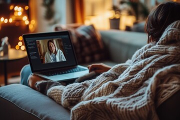 A person in a cozy home environment having a virtual consultation with a doctor.