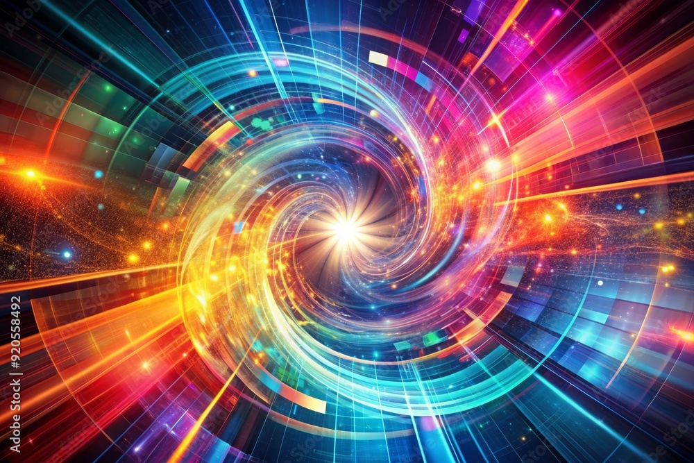 Poster vibrant, living digital entity with swirling patterns of pixels and light, dynamic interplay of colo