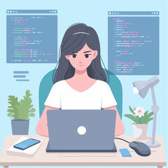 A woman sits at a desk, typing on a laptop while working on an assignment, a woman working on an assignment in front of a laptop