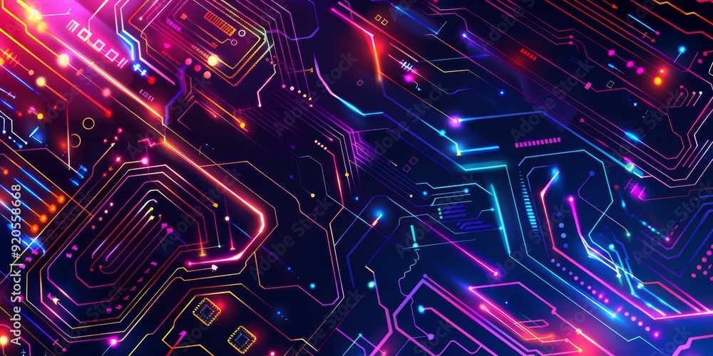 Poster a vibrant and dynamic abstract circuit board design featuring neon colors along with glowing illumin