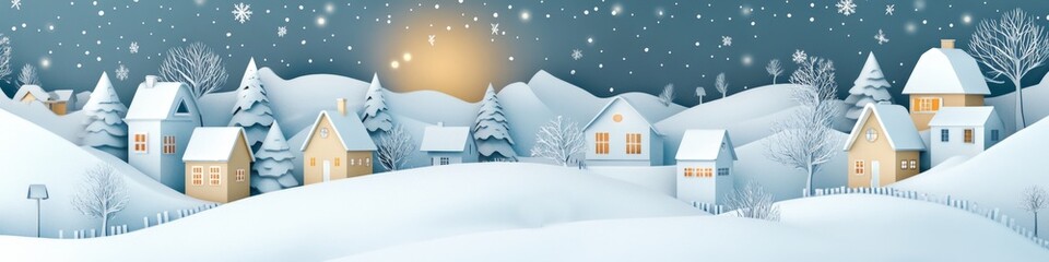 Fototapeta premium Enchanting Winter Village: Whimsical Paper Art Style Snowy Landscape. Magical Fairytale Scenery with Vibrant Blue Sky. Exquisite Digital Illustration for Creative Marketing, Children's Books, and Holi