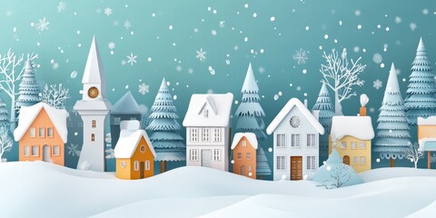 Fototapeta premium Enchanting Winter Village: Whimsical Paper Art Style Snowy Landscape. Magical Fairytale Scenery with Vibrant Blue Sky. Exquisite Digital Illustration for Creative Marketing, Children's Books, and Holi