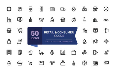 Retail and consumer goods icon set. Related to merchandise, retailers, industrial, goods. Pixel perfect, minimalistic web and UI icon, outline icon collections.