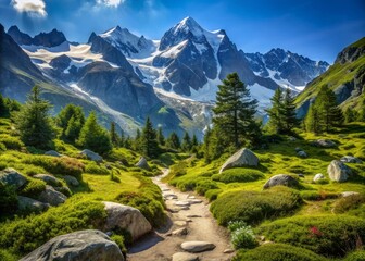 Obraz premium Serene winding hiking trail surrounded by lush greenery and boulders leads to a breathtaking majestic mountain vista with snow-capped peaks and clear blue sky.