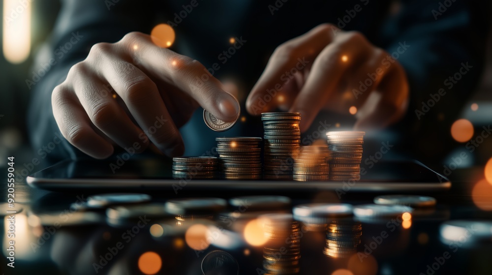 Aufkleber person counting coins and organizing stacks on a tablet with a soft glow in a dimly lit room