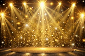 Luxurious golden stage background with scattered glitters and shimmering spotlights creates a dazzling atmosphere for glamorous events, award shows, and celebratory occasions.